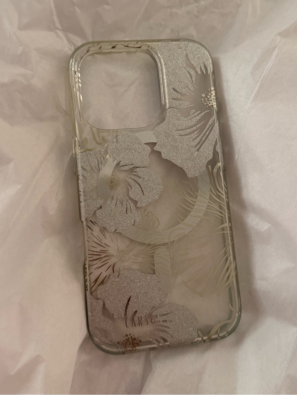 Carson & Quinn Clear Floral Glitter iPhone 16 pro Case - Silver Accent
